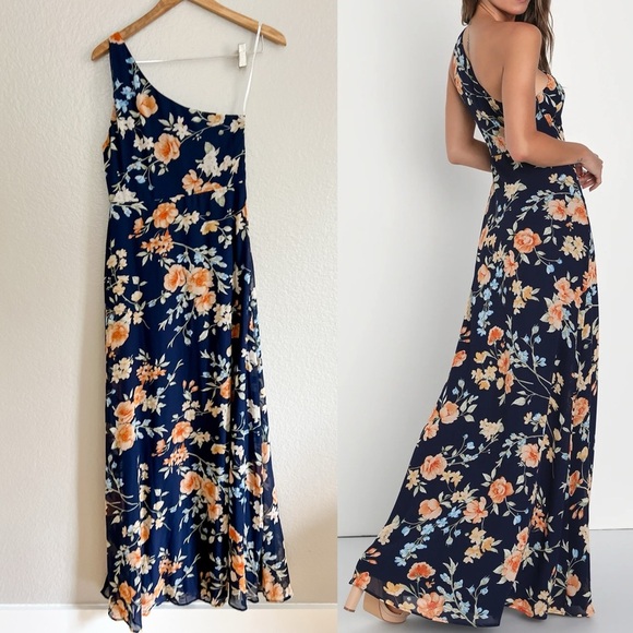 NWOT Elegant Admiration Navy Blue Floral One-Shoulder Maxi Dress - Picture 4 of 9